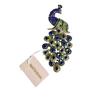 Natasha Couture Vibrant Peacock Brooch, Blue & Green Stones, Goldtone.